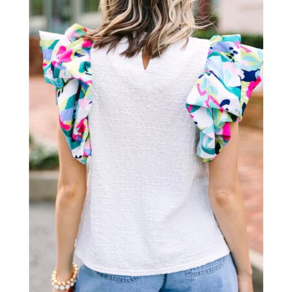 White Textured Top with Bright Puff Sleeves – THML Size S - Picture 7 of 8